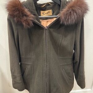 Scachi  Women's Olive Jacket with Brown Genuine Fur Trim